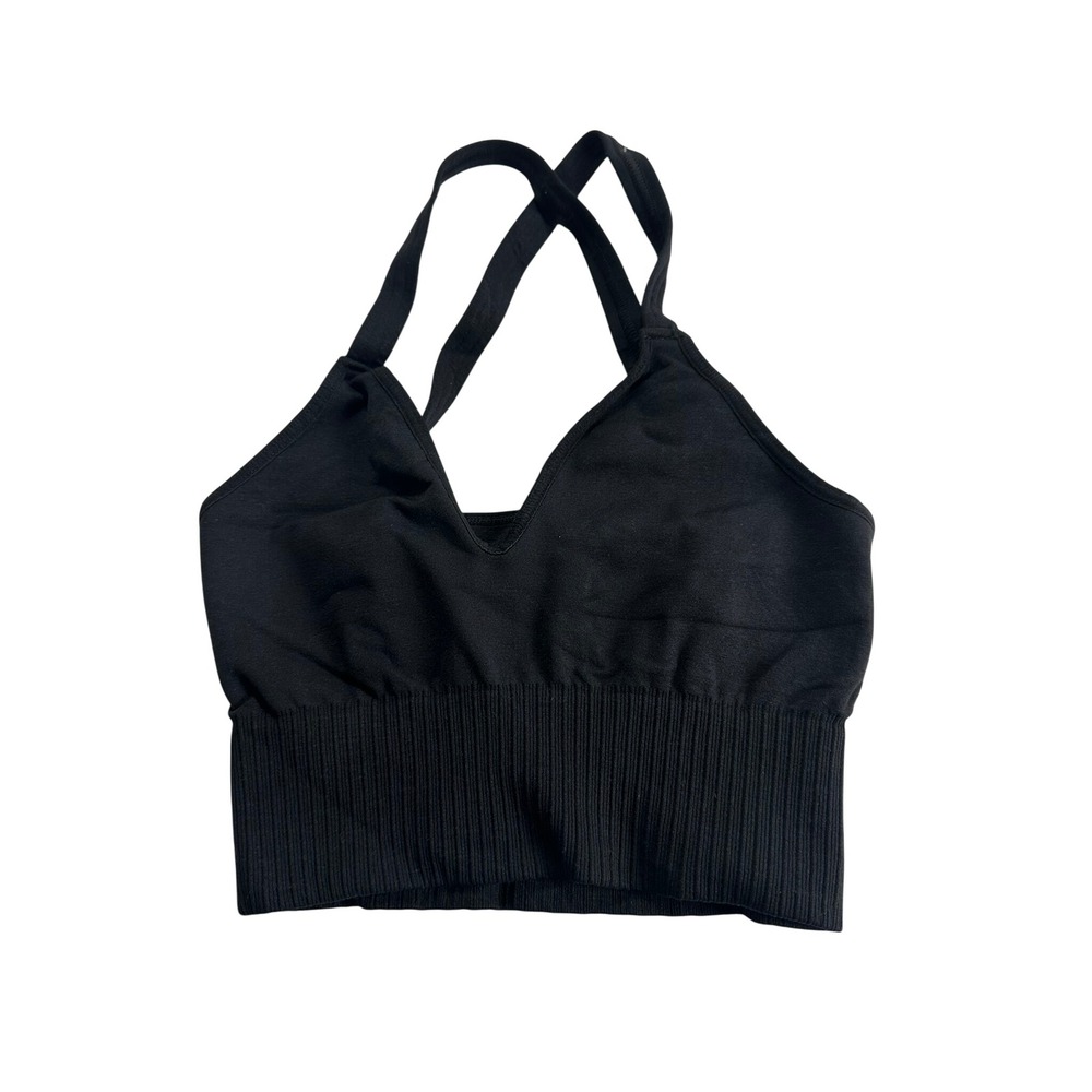 Free People Movement Crop Top Womens M/L Black Excellent Ribbed V-Neck Seamless